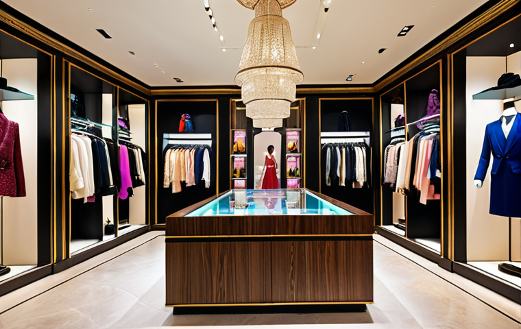 **Luxury Experience:** A vibrant, high-fashion boutique with attentive staff assisting diverse customers. Blend traditional craftsmanship with modern technology, highlighting exceptional service and flawless product quality. Aim for an image that conveys exclusivity and a sense of belonging.